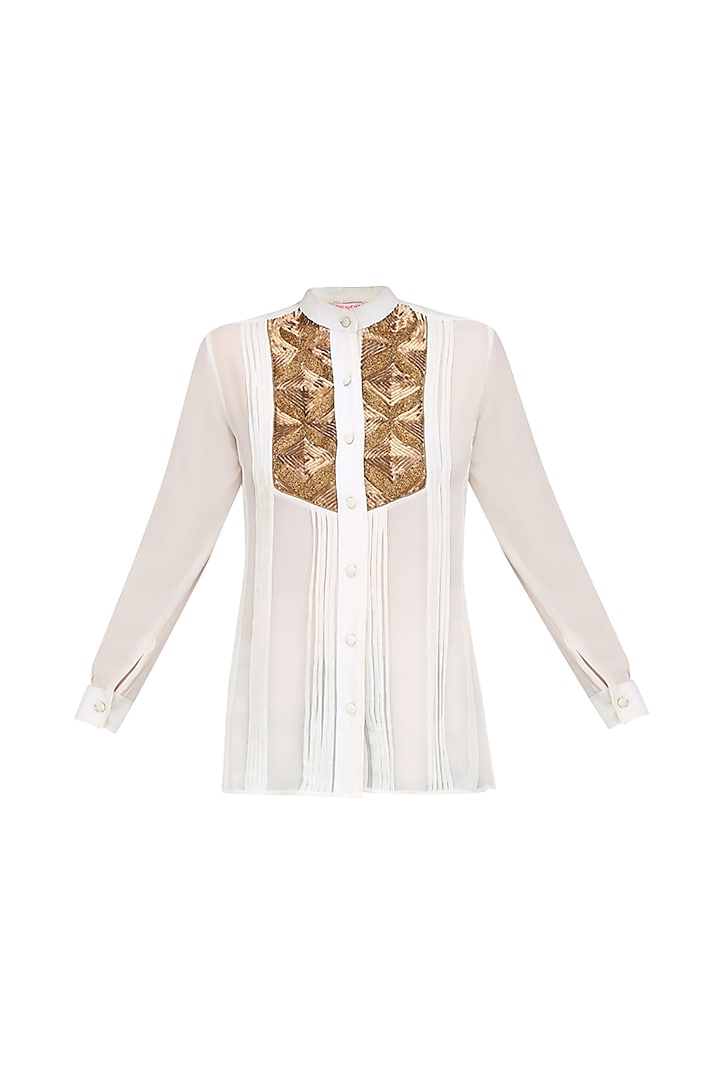 White and Gold Sequins Embroidered Button Down Shirt by Priya Agarwal
