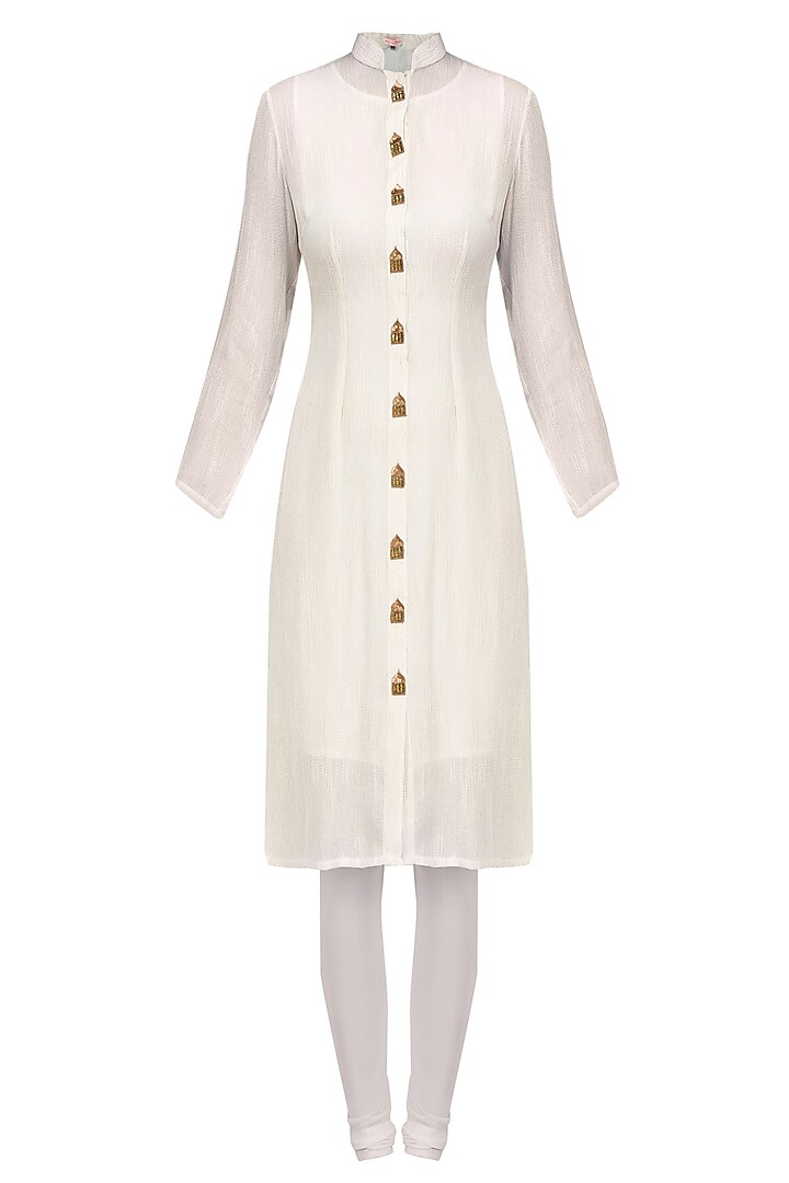 White and Gold Temple Motifs Button Down Shirt Tunic by Priya Agarwal