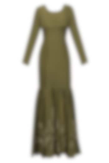 Olive green and gold floral embroidered tiered gown with waistbelt available only at Pernia's Pop Up Shop.