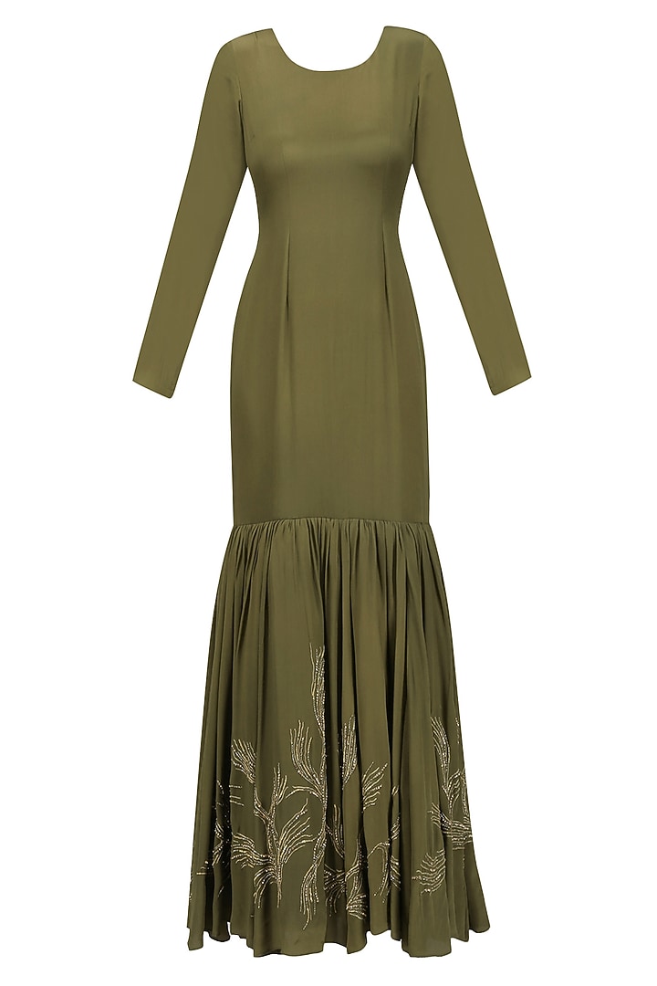 Olive green and gold floral embroidered tiered gown with waistbelt available only at Pernia's Pop Up Shop.