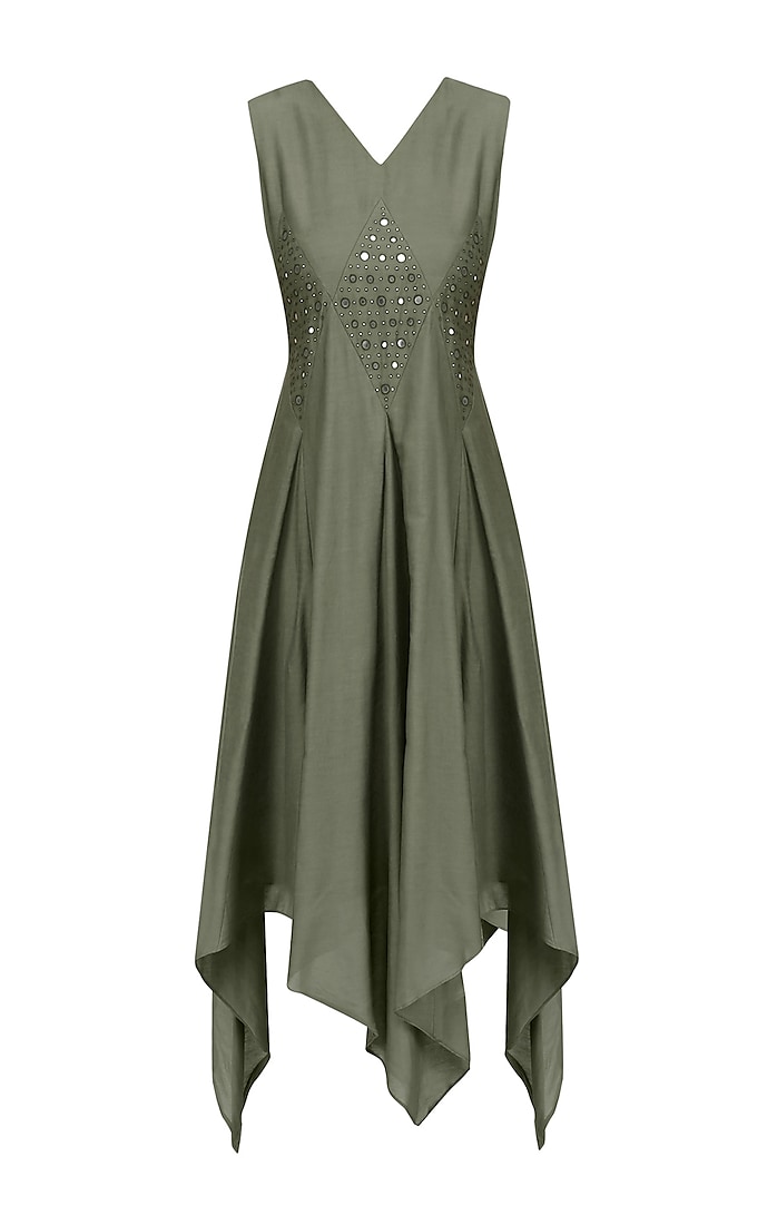 Khaki Green Mirror Work Asymmetric Dress by Priya Agarwal