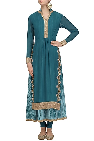 Sky Blue Ikkat Printed Double Layered Kurta by Priya Agarwal