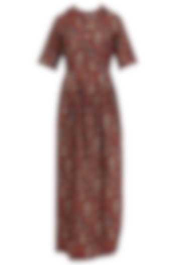 Brown Printed Pleated Maxi Dress by Priya Agarwal