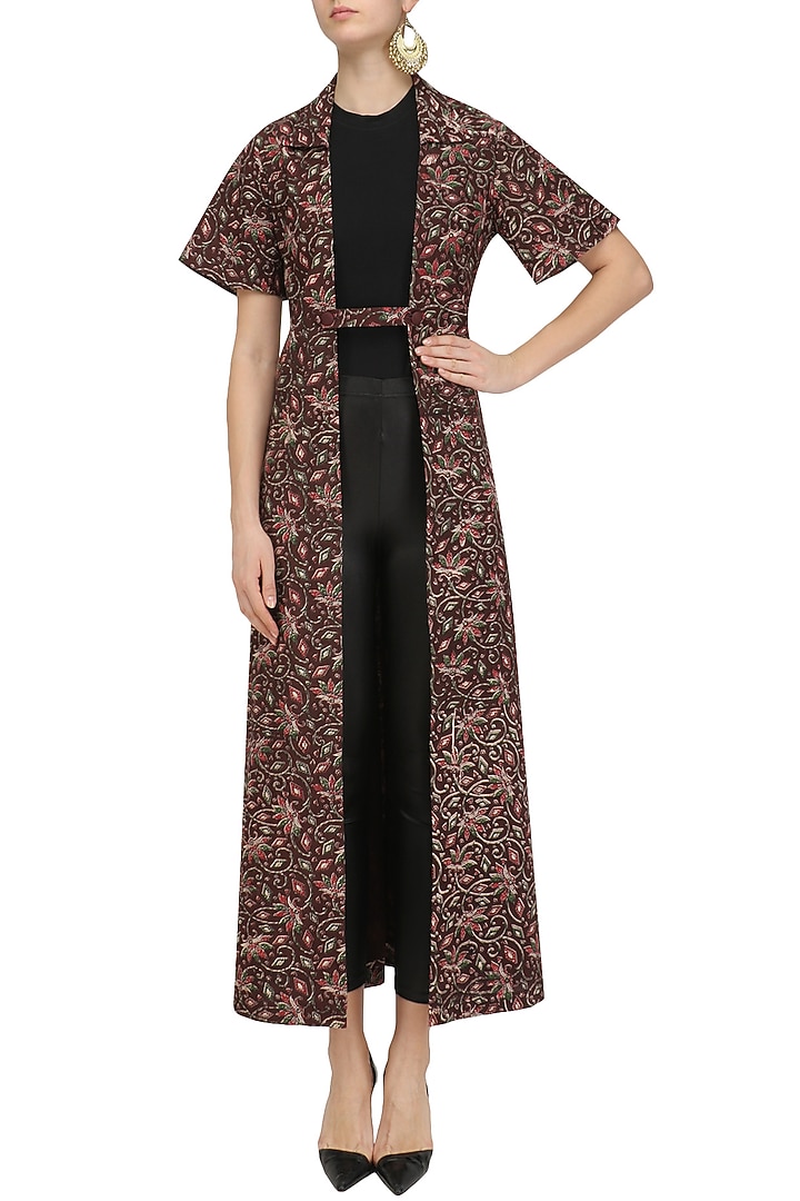 Magenta shirt dress with brown kalamkari jacket available only at Pernia's Pop Up Shop.