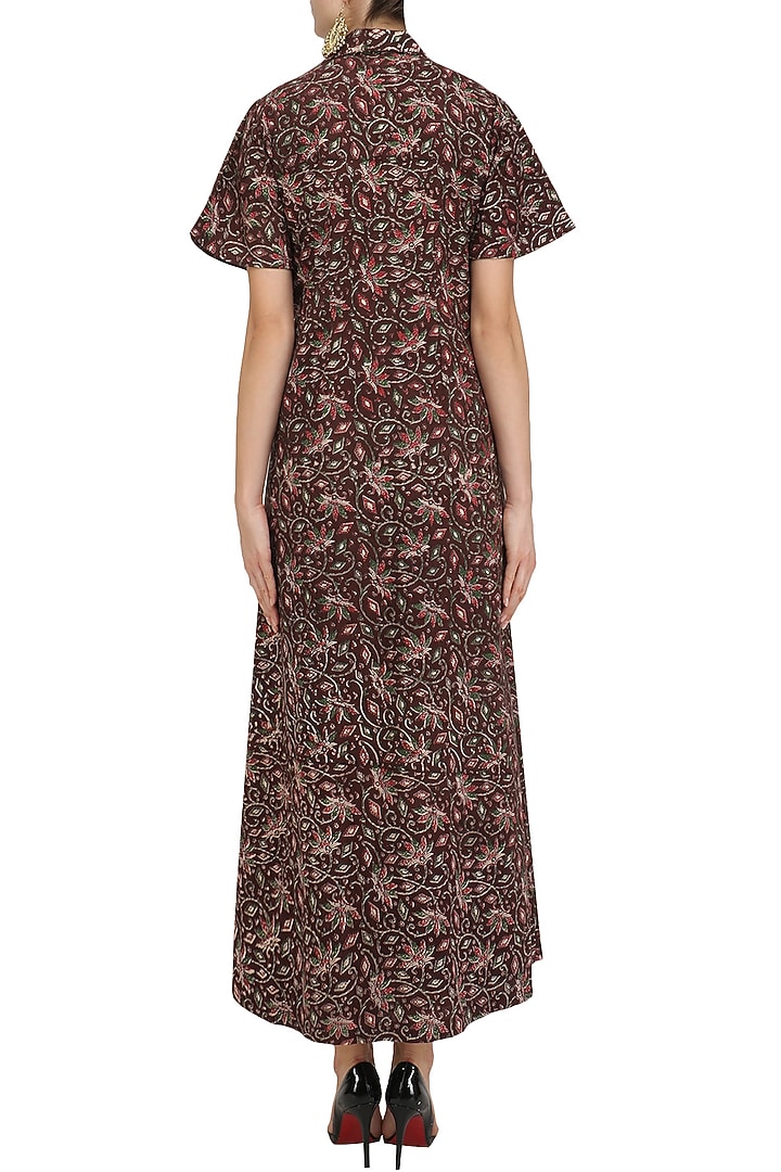 Magenta shirt dress with brown kalamkari jacket available only at Pernia's Pop Up Shop.
