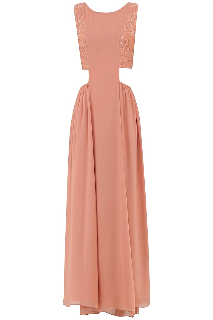 Pastel peach embroidered maxi dress available only at Pernia's Pop Up Shop.