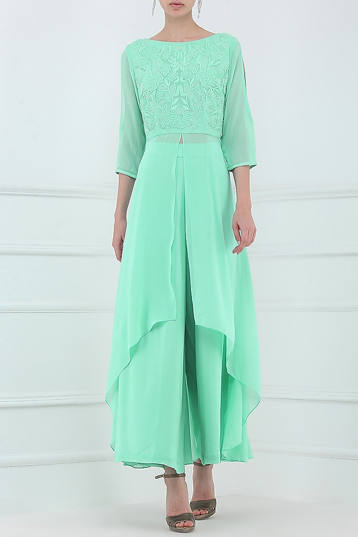 Mint green embroidered high low kurta with palazzo pants available only at Pernia's Pop Up Shop.