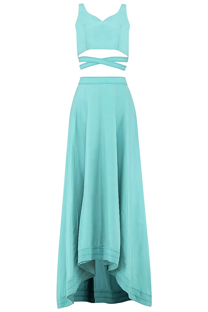 Aqua blue embroidered jacket with blouse and skirt set available only at Pernia's Pop Up Shop.
