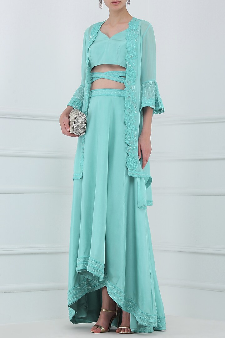 Aqua blue embroidered jacket with blouse and skirt set available only at Pernia's Pop Up Shop.