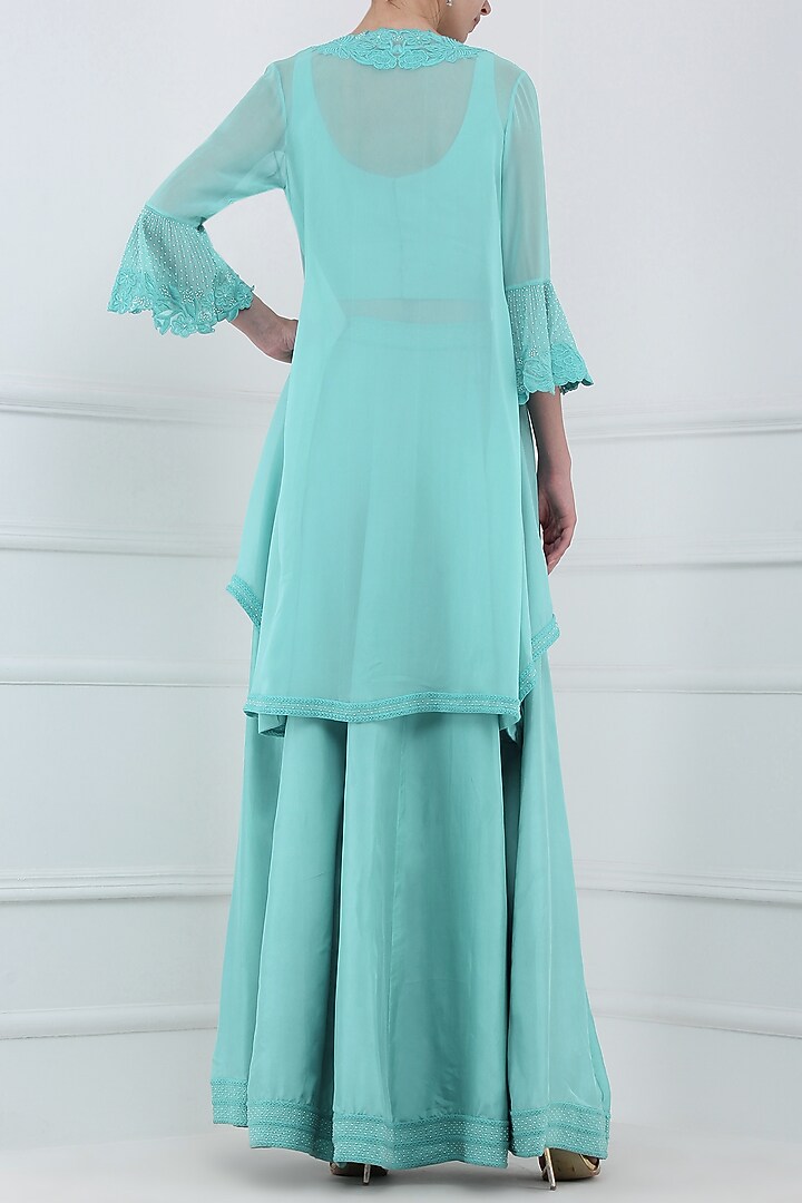 Aqua blue embroidered jacket with blouse and skirt set available only at Pernia's Pop Up Shop.