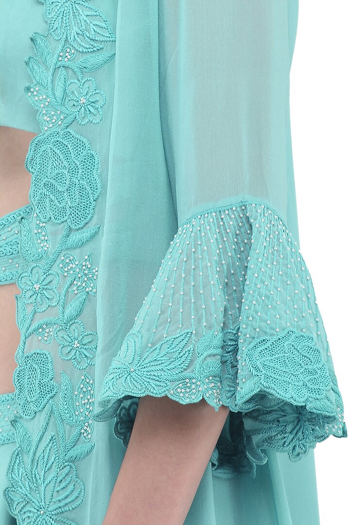 Aqua blue embroidered jacket with blouse and skirt set available only at Pernia's Pop Up Shop.