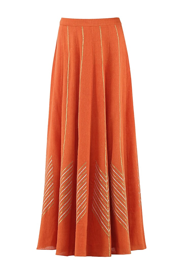 Orange gota patti embroidered lehenga and mustard kurta set available only at Pernia's Pop Up Shop.