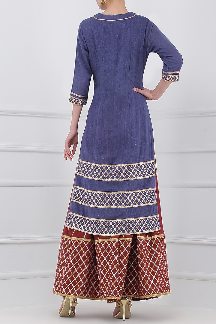 Maroon gota patti embroidered lehenga and blue kurta set available only at Pernia's Pop Up Shop.