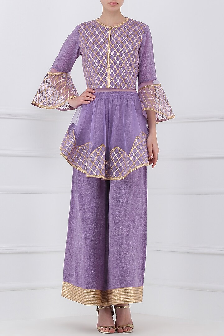 Purple gota patti embroidered peplum top with palazzo pants available only at Pernia's Pop Up Shop.