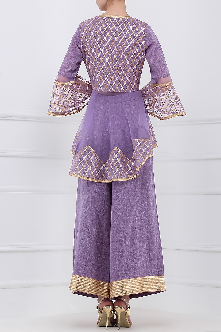 Purple gota patti embroidered peplum top with palazzo pants available only at Pernia's Pop Up Shop.
