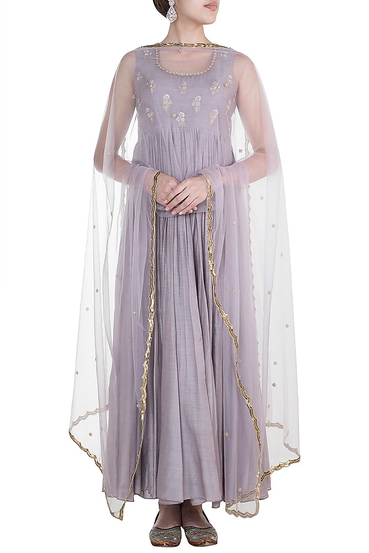 Lilac Embroidered Sleeveless Party Wear Anarkali Gown With Dupatta by Paulmi & Harsh at Pernia's Pop Up Shop