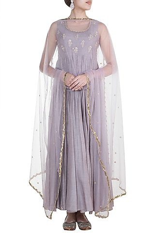 Lilac Embroidered Sleeveless Anarkali Gown With Dupatta by Paulmi & Harsh