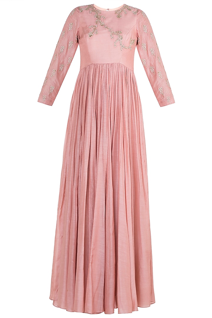 Soft Rose Pink Anarkali Gown With Dupatta by Paulmi & Harsh
