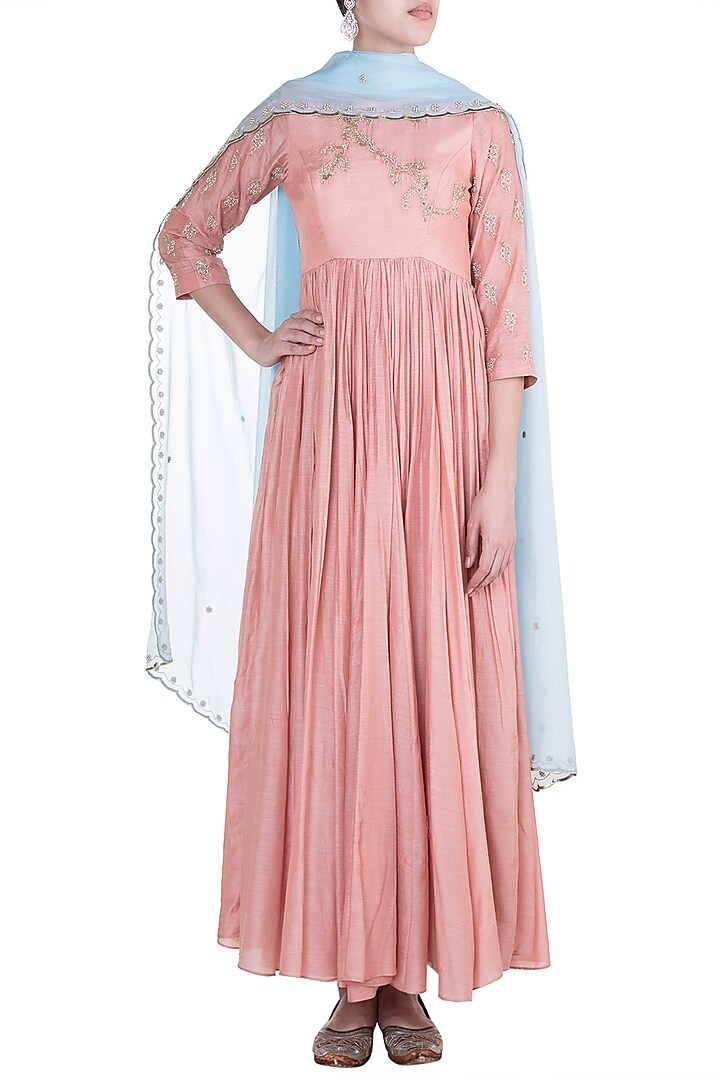 Soft Rose Pink Party Wear Anarkali Gown With Dupatta by Paulmi & Harsh at Pernia's Pop Up Shop
