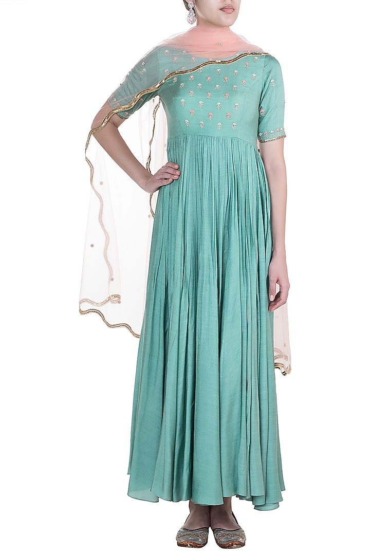 Sage Green Printed Party Wear Anarkali Gown With Dupatta by Paulmi & Harsh at Pernia's Pop Up Shop