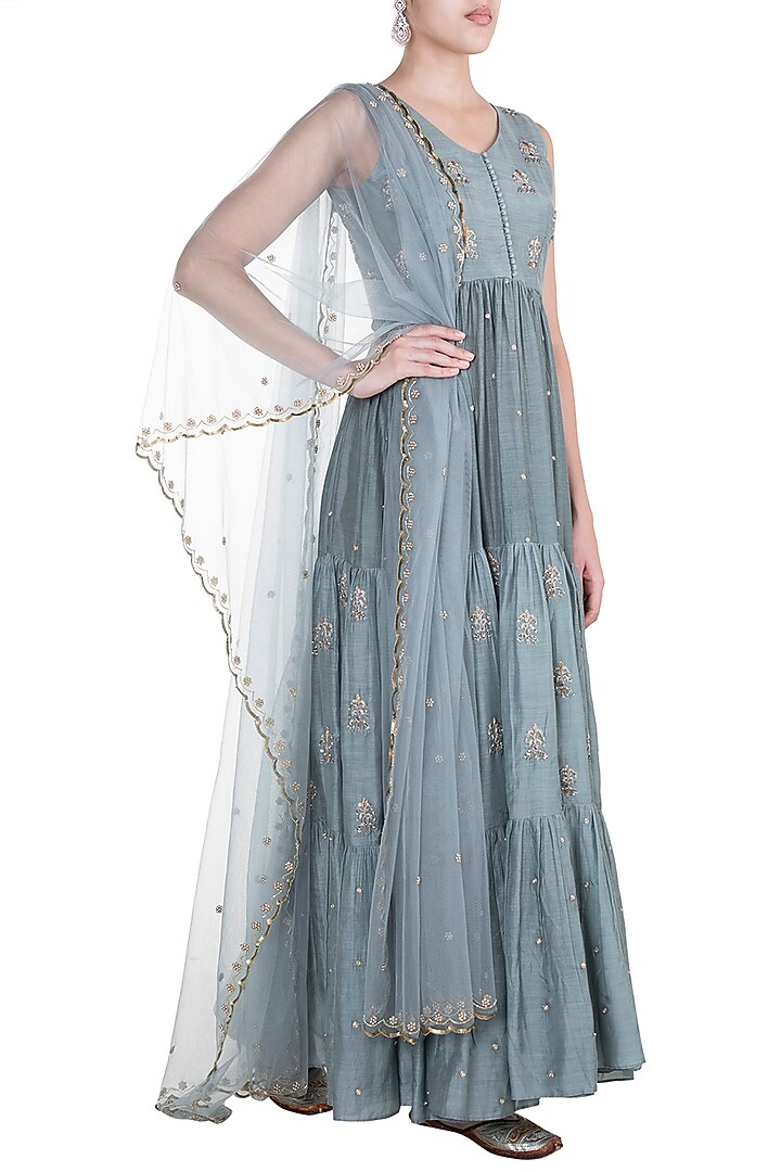 Powder Blue Embroidered Party Wear Anarkali Gown With Dupatta by Paulmi & Harsh at Pernia's Pop Up Shop