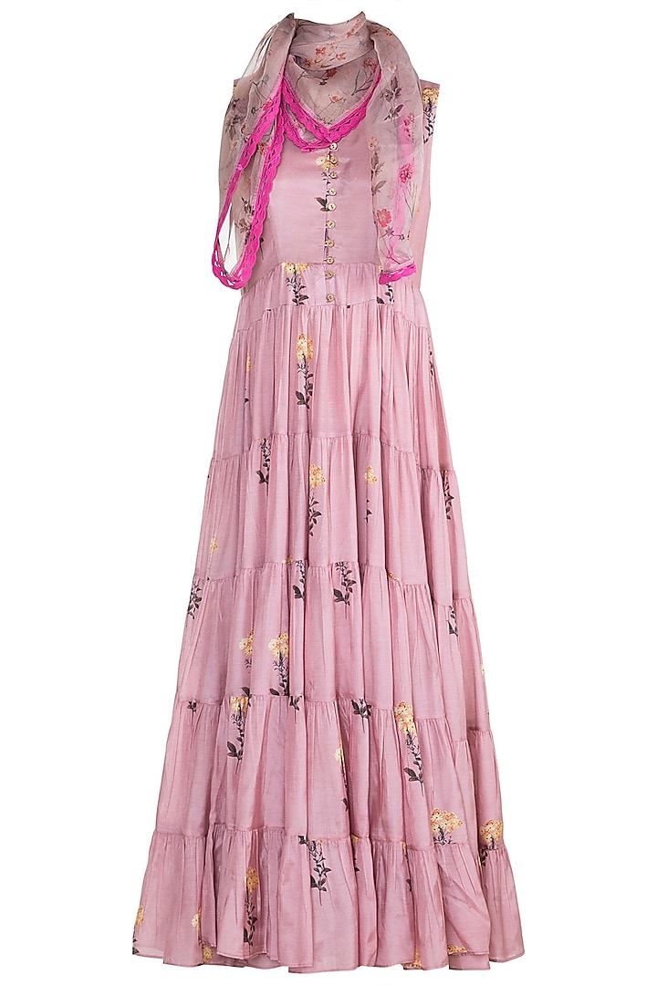 Pink Printed Maxi Dress With Scarf by Paulmi & Harsh
