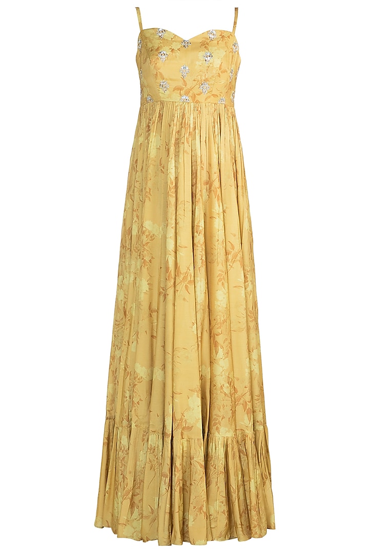 Mustard Embroidered Printed Anarkali Gown With Dupatta by Paulmi & Harsh