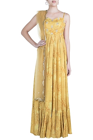 Mustard Embroidered Printed Anarkali Gown With Dupatta by Paulmi & Harsh