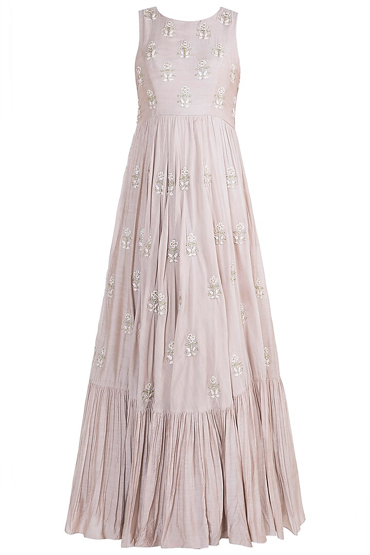 Dusty Pink Embroidered Pleated Gown With Dupatta by Paulmi & Harsh