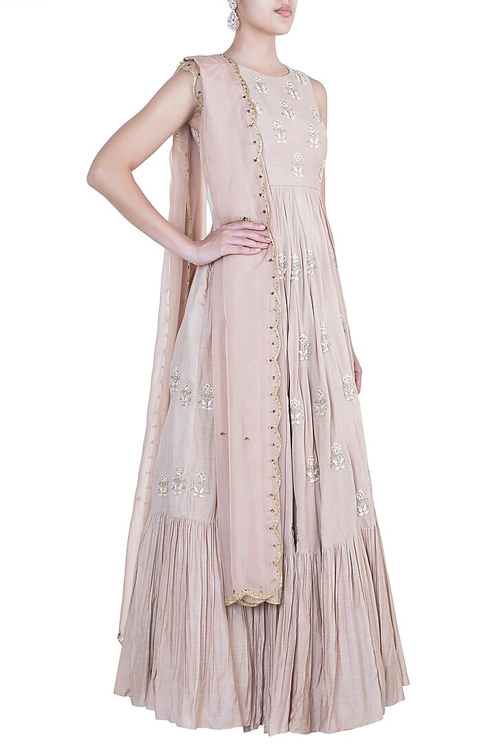 Dusty Pink Embroidered Pleated Gown With Dupatta by Paulmi & Harsh at Pernia's Pop Up Shop