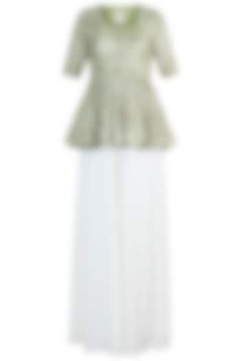 Olive Green Embroidered Peplum Top With Palazzo Pants by Paulmi & Harsh at Pernia's Pop Up Shop