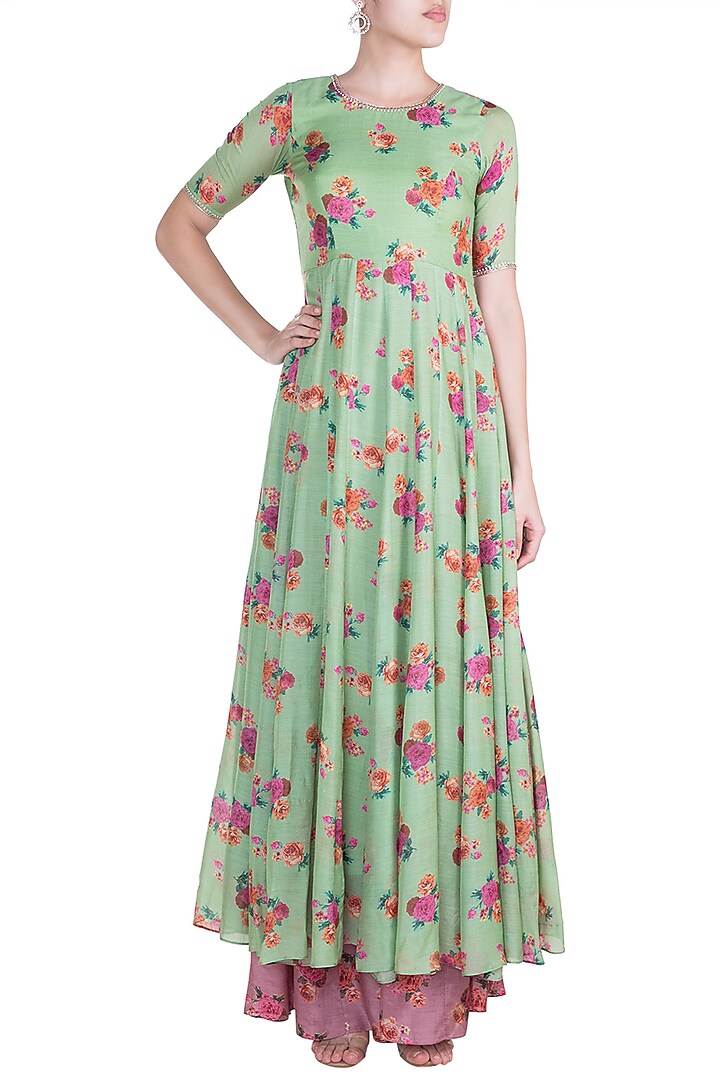 Olive Green Embroidered Anarkali Kurta With Palazzo Pants by Paulmi & Harsh at Pernia's Pop Up Shop