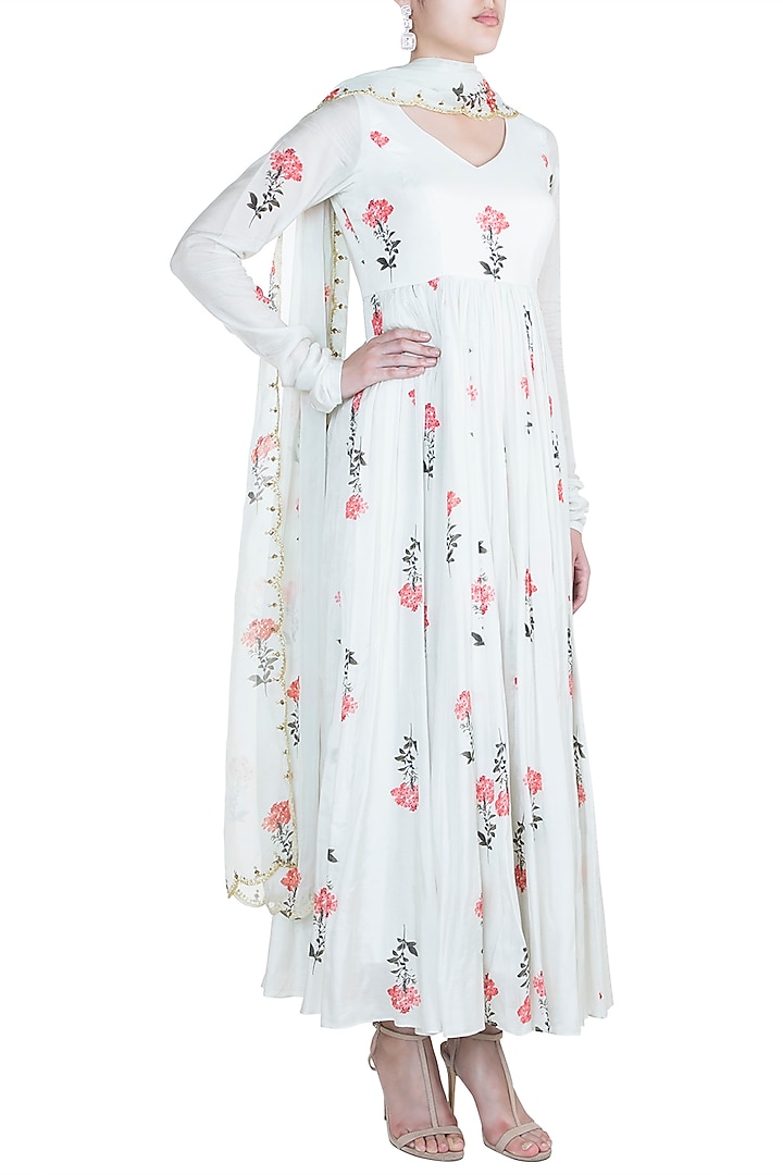 Off White Printed Sequins Anarkali With Dupatta by Paulmi & Harsh at Pernia's Pop Up Shop