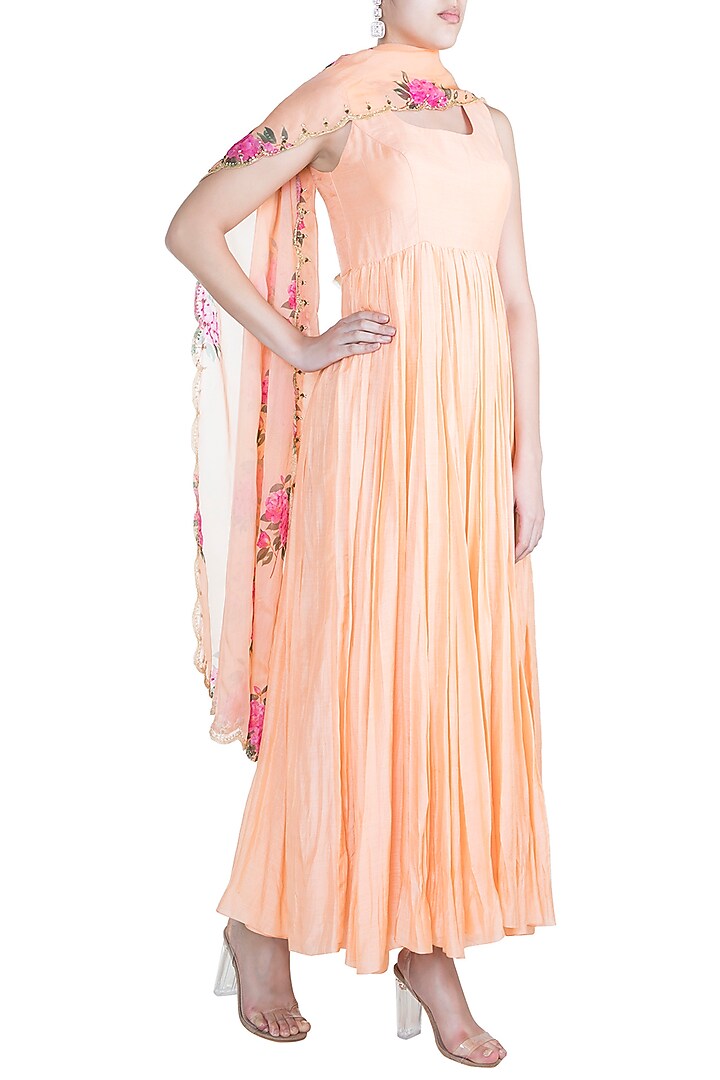 Peach Embroidered Flared Anarkali Gown With Dupatta by Paulmi & Harsh at Pernia's Pop Up Shop