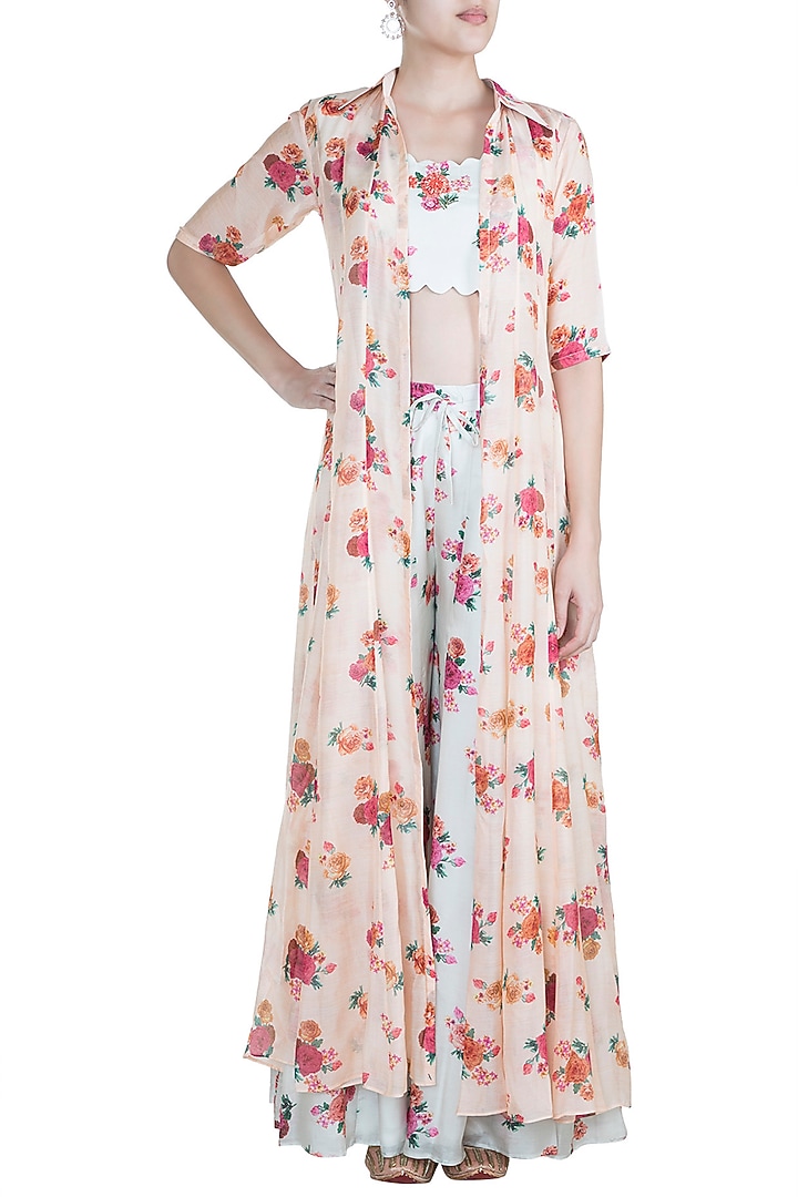 Peach Printed Jacket With Crop Top & Palazzo Pants by Paulmi & Harsh at Pernia's Pop Up Shop