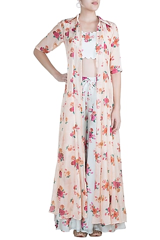 Peach Printed Jacket With Crop Top & Palazzo Pants by Paulmi & Harsh