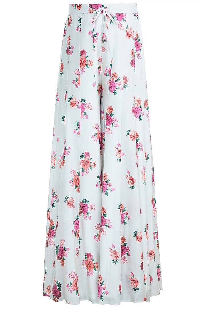 Peach Printed Jacket With Crop Top & Palazzo Pants by Paulmi & Harsh at Pernia's Pop Up Shop