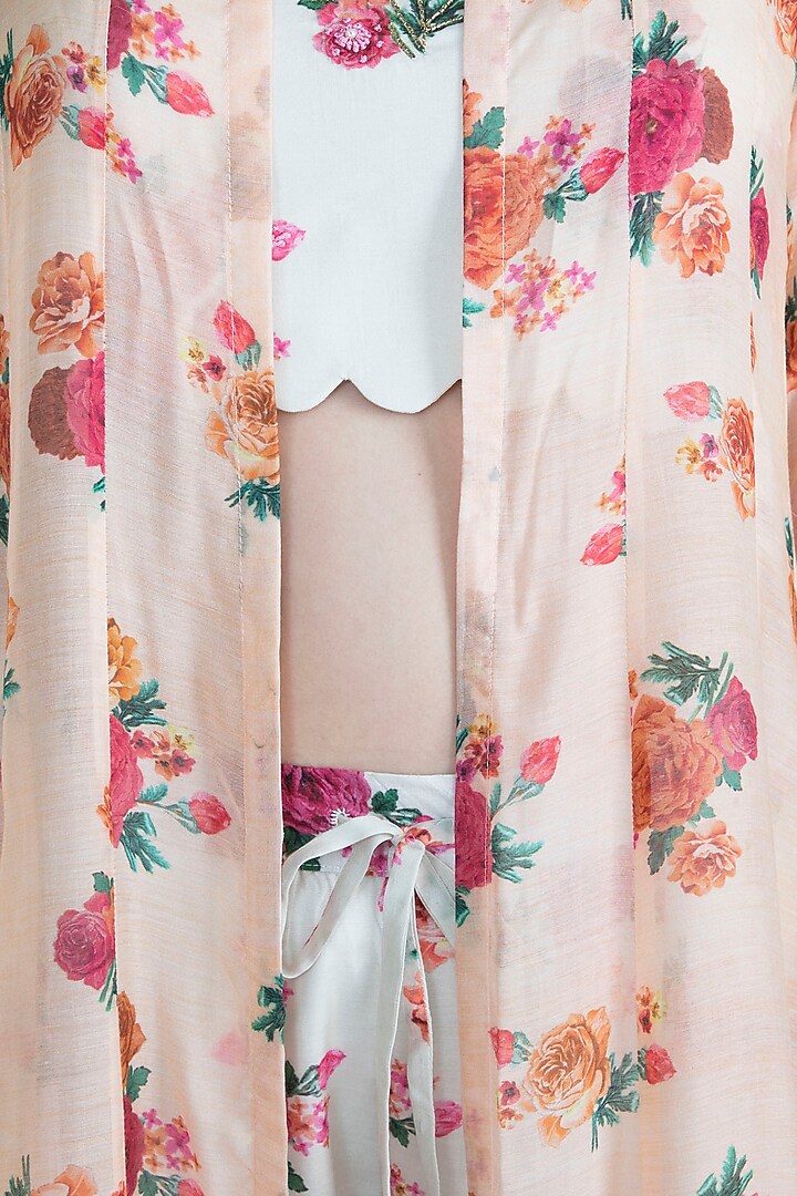 Peach Printed Jacket With Crop Top & Palazzo Pants by Paulmi & Harsh at Pernia's Pop Up Shop