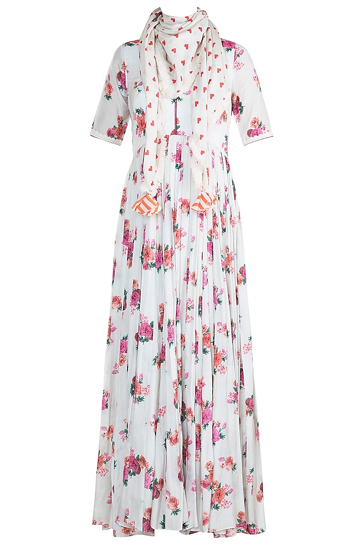 Off White Chint Printed Anarkali Gown With Scarf by Paulmi & Harsh at Pernia's Pop Up Shop
