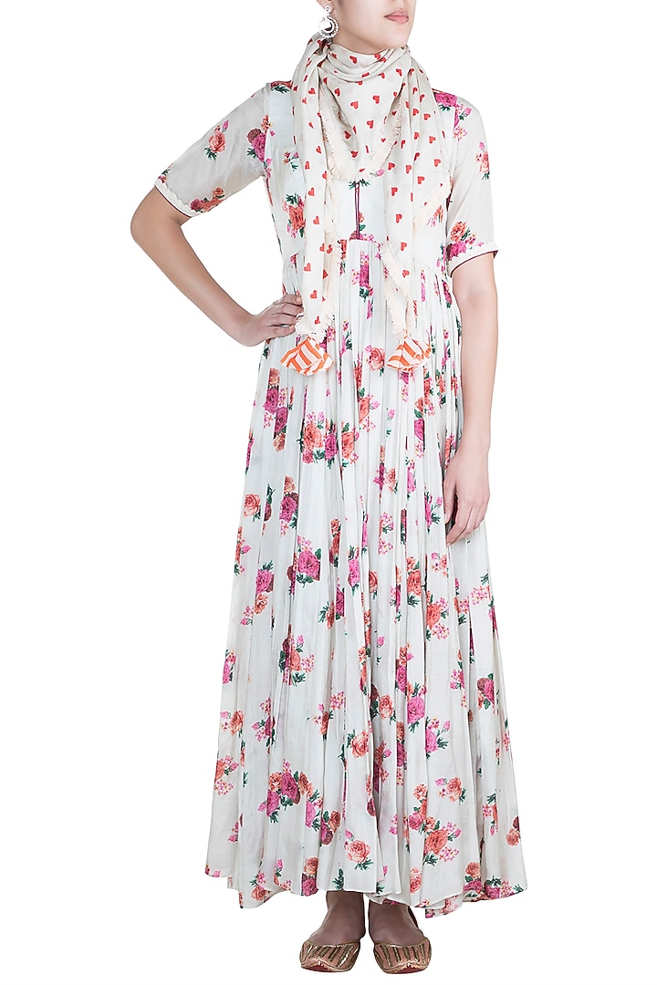 Off White Chint Printed Anarkali Gown With Scarf by Paulmi & Harsh at Pernia's Pop Up Shop
