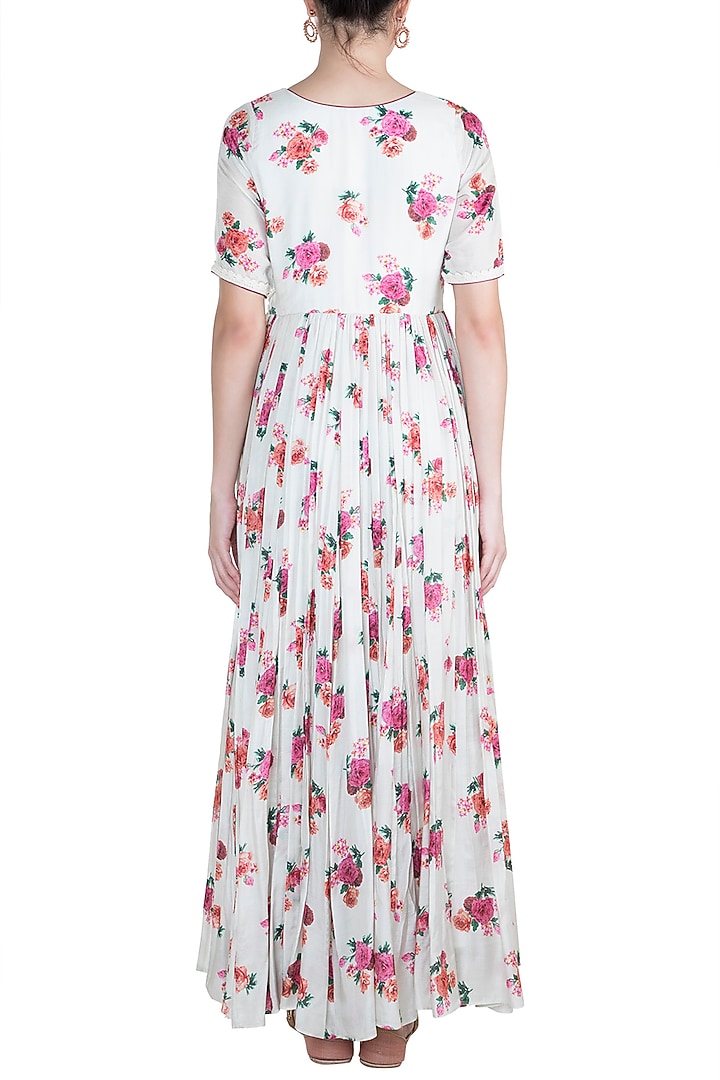 Off White Chint Printed Anarkali Gown With Scarf by Paulmi & Harsh at Pernia's Pop Up Shop