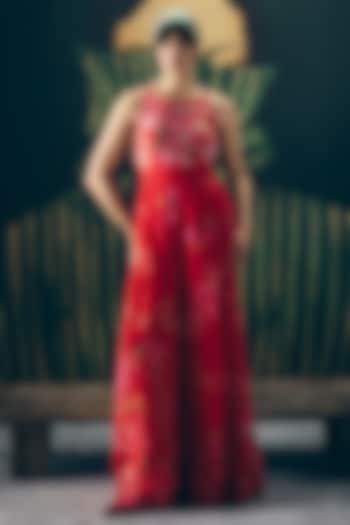 Red Crepe Printed & Embroidered Jumpsuit by Paulmi & Harsh at Pernia's Pop Up Shop