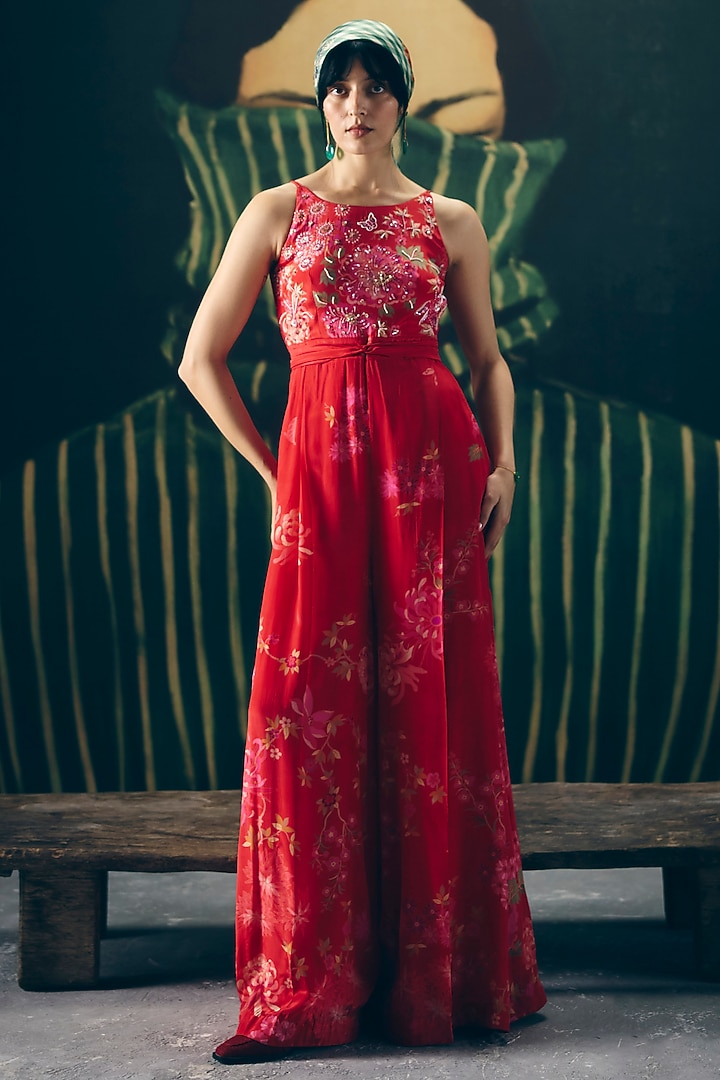 Red Crepe Printed & Embroidered Jumpsuit by Paulmi & Harsh at Pernia's Pop Up Shop