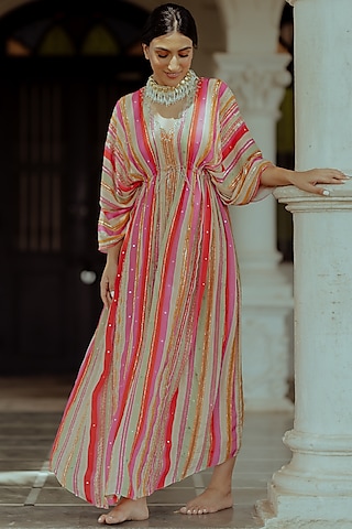 Multi-Colored Striped & Hand Embroidered Kaftan by Paulmi & Harsh