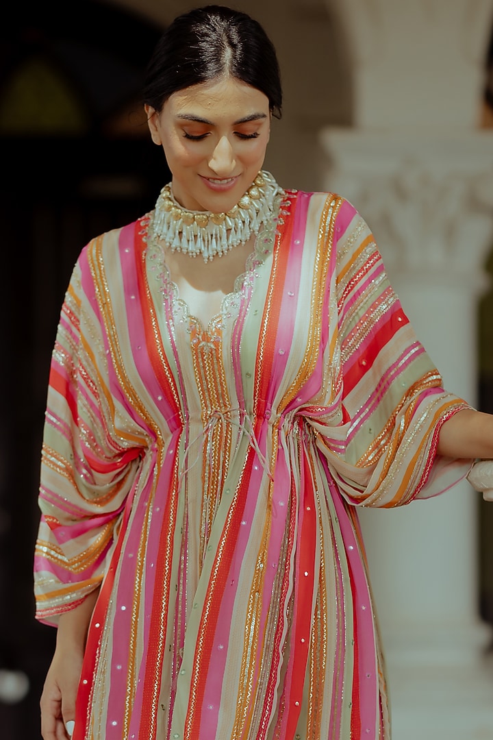 Multi-Colored Striped & Hand Embroidered Kaftan by Paulmi & Harsh at Pernia's Pop Up Shop