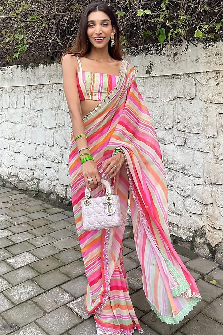 Multi-Colored Georgette Stripe Printed Saree Set by Paulmi & Harsh