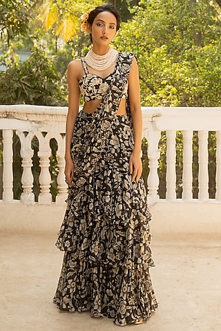 Black Organza Floral Printed Pre-Draped Saree Set by Paulmi & Harsh