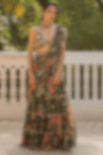 Black Chiffon Floral Printed & Embroidered Pre-Draped Wedding Saree Set by Paulmi & Harsh at Pernia's Pop Up Shop