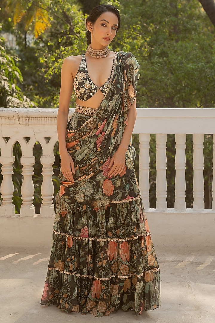 Black Chiffon Floral Printed & Embroidered Pre-Draped Wedding Saree Set by Paulmi & Harsh at Pernia's Pop Up Shop