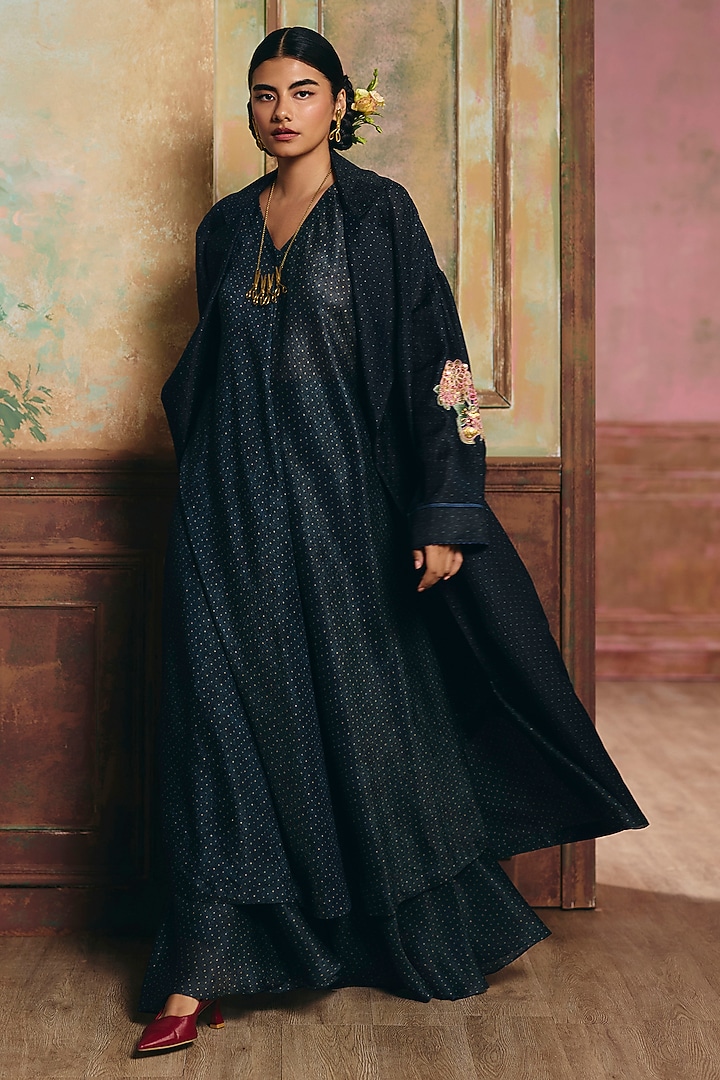 Space Blue Crushed Polka Dot Printed Kurta Set by Paulmi & Harsh at Pernia's Pop Up Shop
